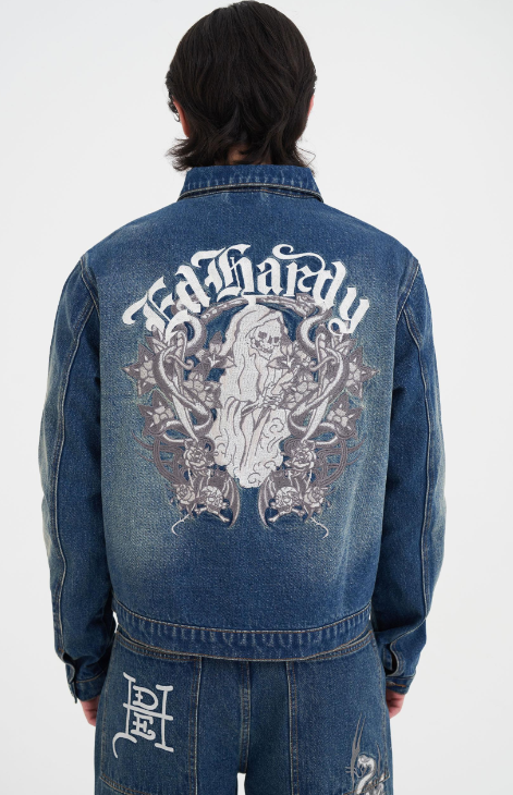 Ed Hardy Men's Flaming Skull Denim Jacket