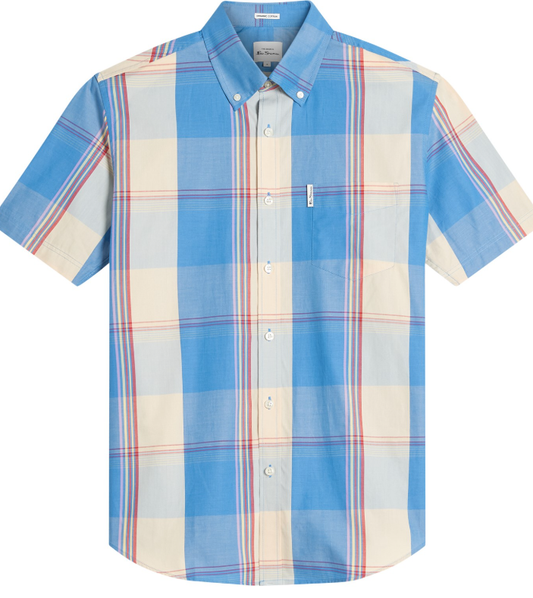 Ben Sherman Short Sleeved Overcheck Shirt Kingfisher