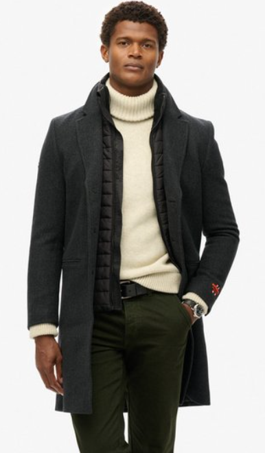 Superdry Tailored 2 In 1 Town Coat in Black Herringbone