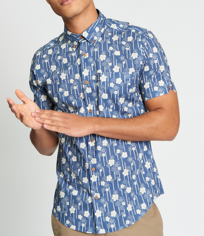 Ben Sherman Short Sleeve Floral Bamboo Print Shirt in Indigo