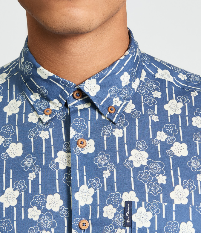 Ben Sherman Short Sleeve Floral Bamboo Print Shirt in Indigo