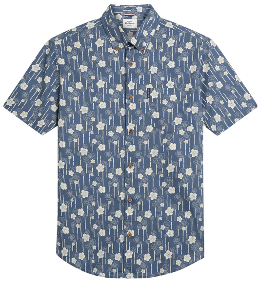 Ben Sherman Short Sleeve Floral Bamboo Print Shirt in Indigo