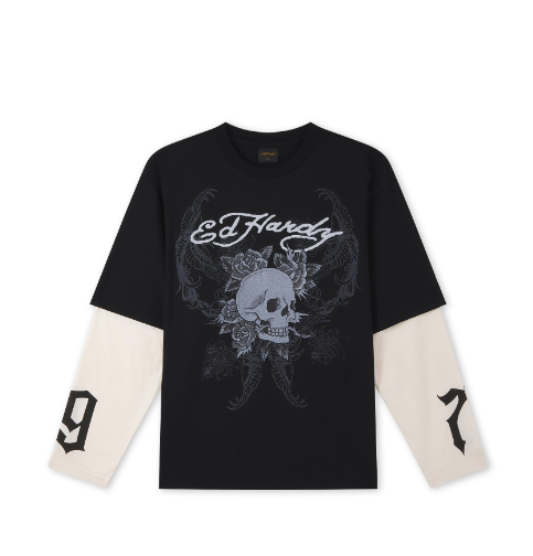 Ed Hardy Mens 1971 Skull Double Layer Relaxed T-Shirt