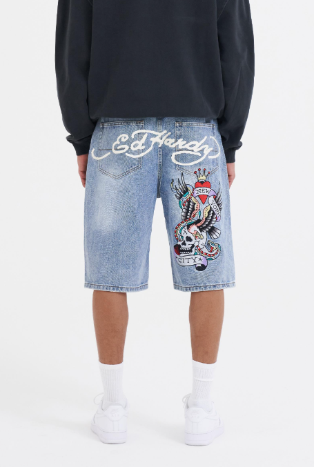 Ed Hardy Mens NYC Skull Denim Jorts Shorts - Bleach