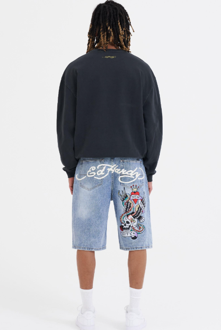 Ed Hardy Mens NYC Skull Denim Jorts Shorts - Bleach