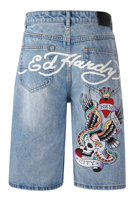 Ed Hardy Mens NYC Skull Denim Jorts Shorts - Bleach