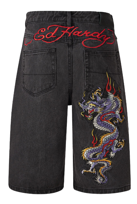 Ed Hardy Mens Battle Dragon Denim Jorts Shorts - Washed Black