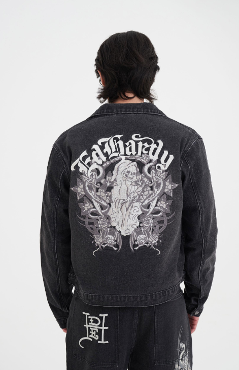 Ed Hardy Men's Flaming Skull Denim Jacket