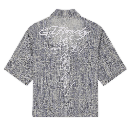 Ed Hardy Men's Distressed Cross Relaxed Denim Shirt
