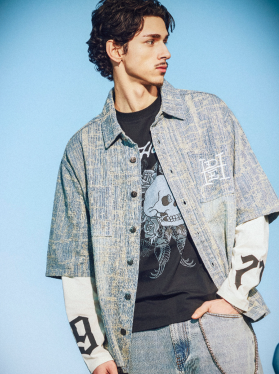 Ed Hardy Men's Distressed Cross Relaxed Denim Shirt