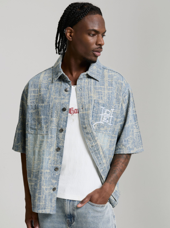 Ed Hardy Men's Distressed Cross Relaxed Denim Shirt