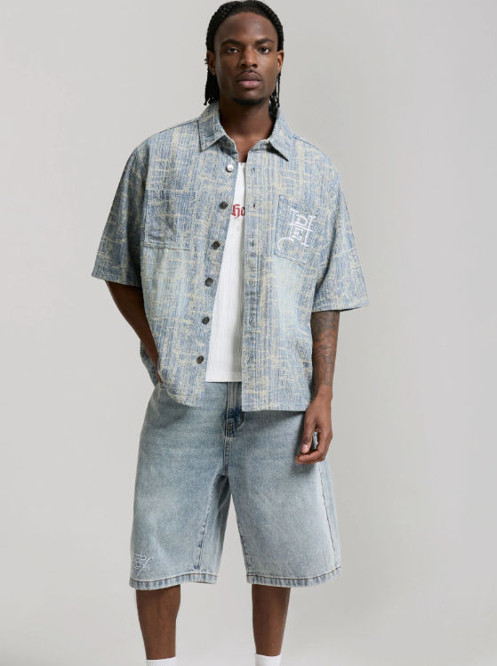 Ed Hardy Men's Distressed Cross Relaxed Denim Shirt