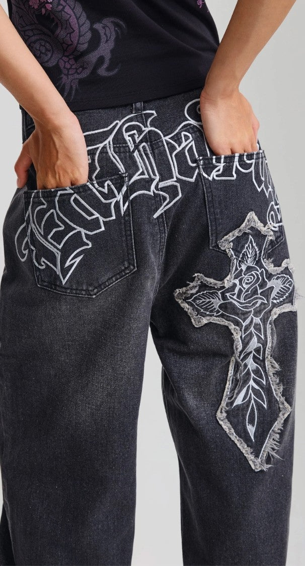 Ed Hardy Womens Gothic Cross Washed Relaxed Jeans