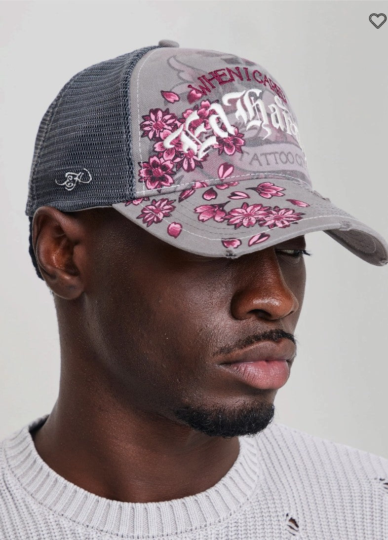 Ed Hardy Floral Tattoo City Vintage Wash 5 Panel Trucker Cap
