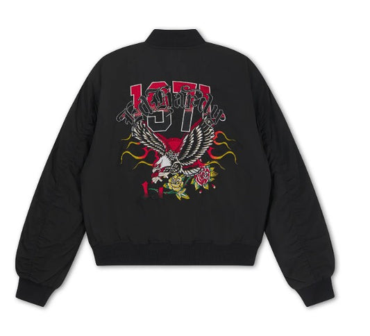 Ed Hardy Womens Gothic Flaming Eagle Ruched Sleeve Relaxed Bomber Jacket
