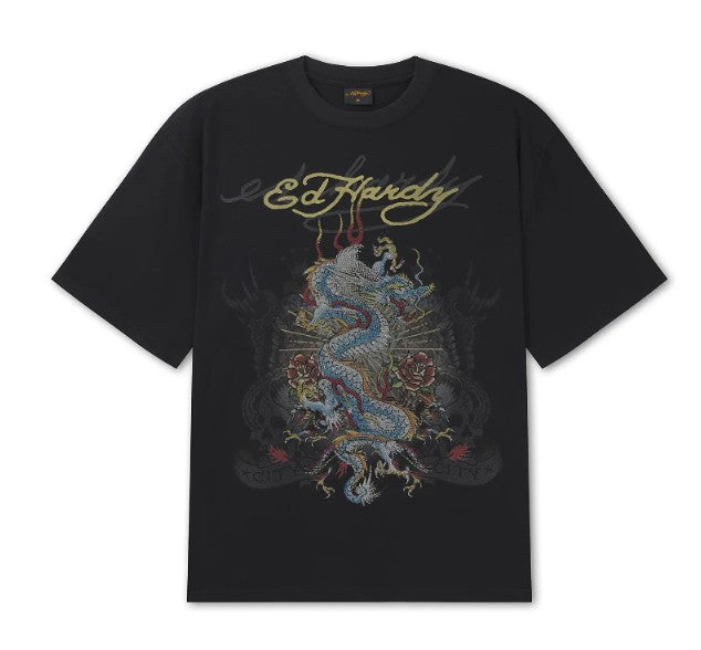 Ed Hardy Mens Dragon City Diamante Graphic Relaxed T-Shirt