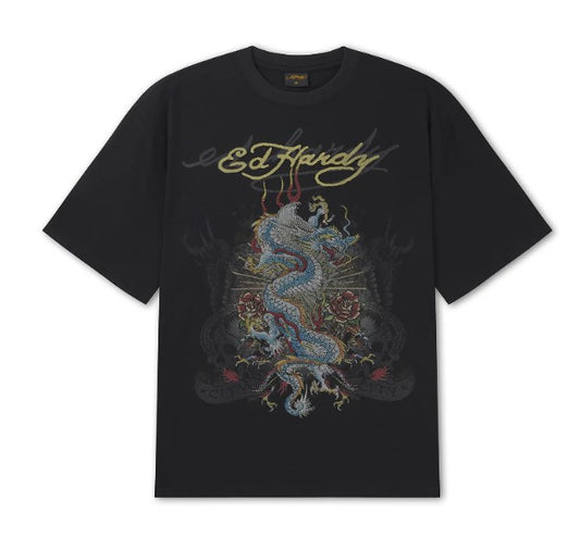 Ed Hardy Mens Dragon City Diamante Graphic Relaxed T-Shirt