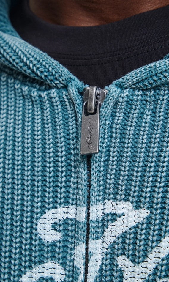 Ed Hardy Mens Washed Soaring Dragon Knitted Boxy Zip Thru Hoodie