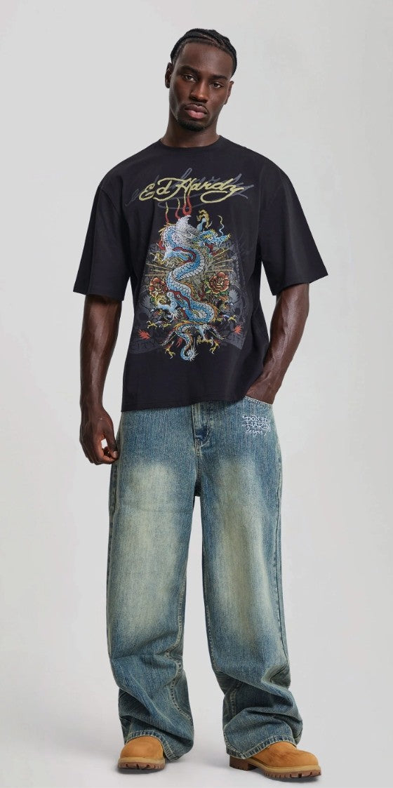 Ed Hardy Mens Dragon City Diamante Graphic Relaxed T-Shirt