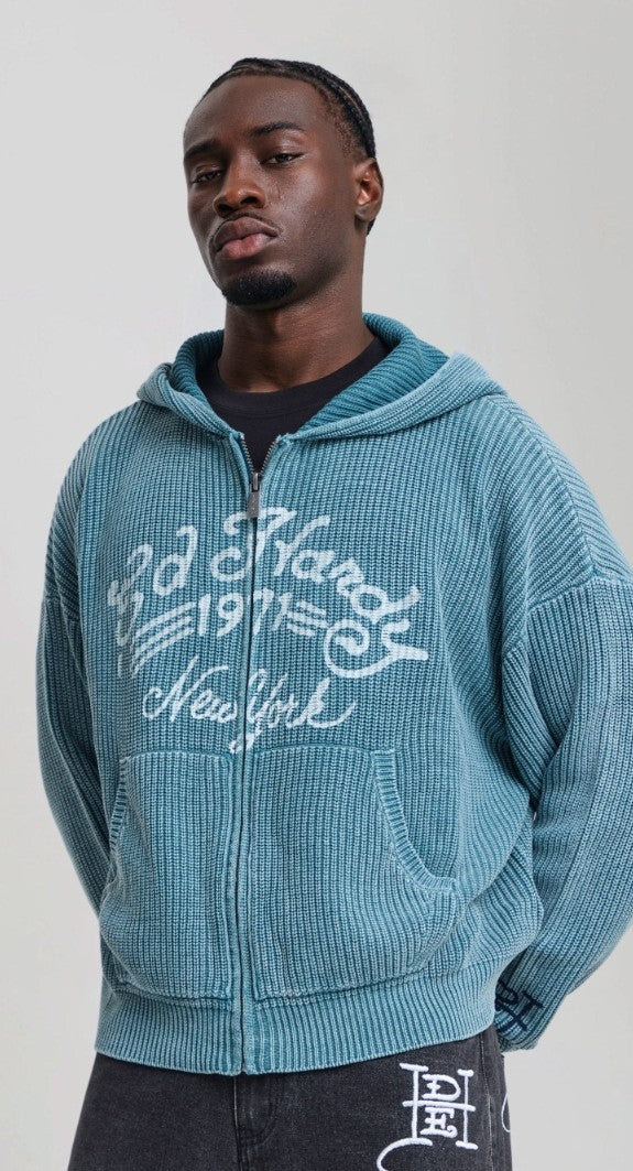 Ed Hardy Mens Washed Soaring Dragon Knitted Boxy Zip Thru Hoodie