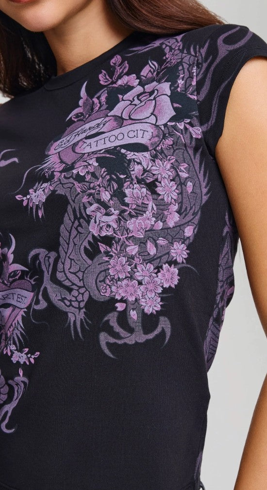 Ed Hardy Womens Tattoo City Cap Sleeve Fitted Top