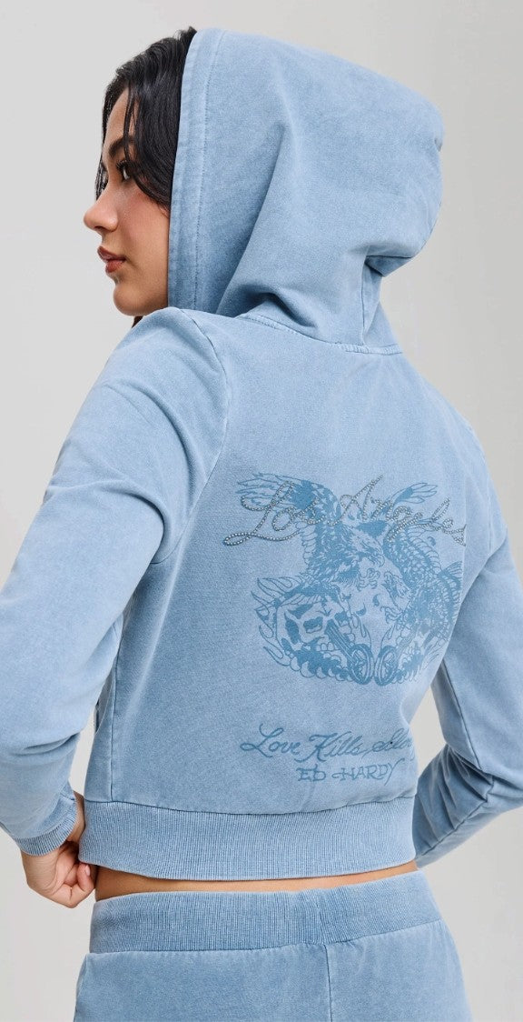 Ed Hardy Woman's Stay True Fitted Cropped Washed Zip Thru Hoodie