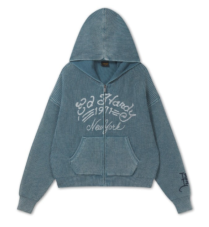 Ed Hardy Mens Washed Soaring Dragon Knitted Boxy Zip Thru Hoodie
