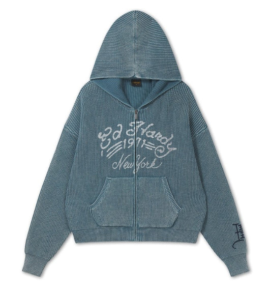 Ed Hardy Mens Washed Soaring Dragon Knitted Boxy Zip Thru Hoodie