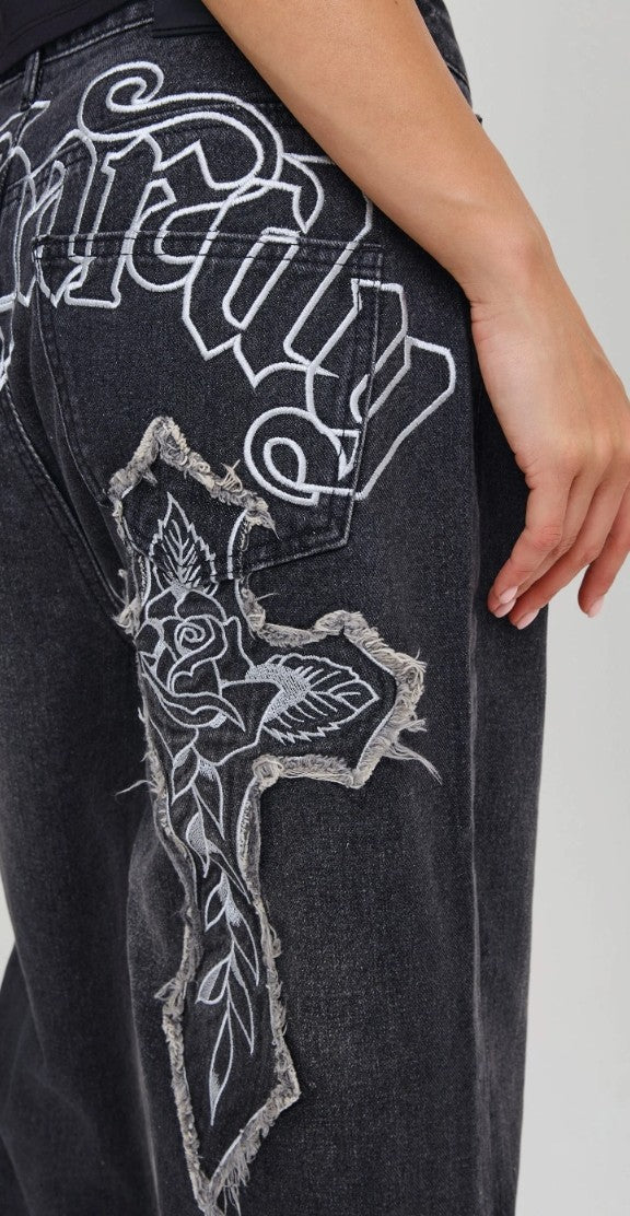 Ed Hardy Womens Gothic Cross Washed Relaxed Jeans