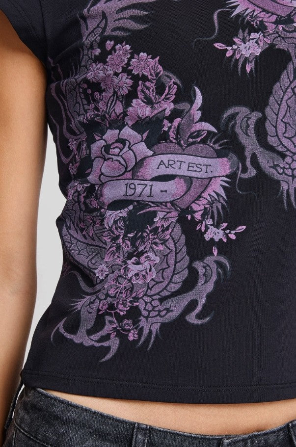 Ed Hardy Womens Tattoo City Cap Sleeve Fitted Top