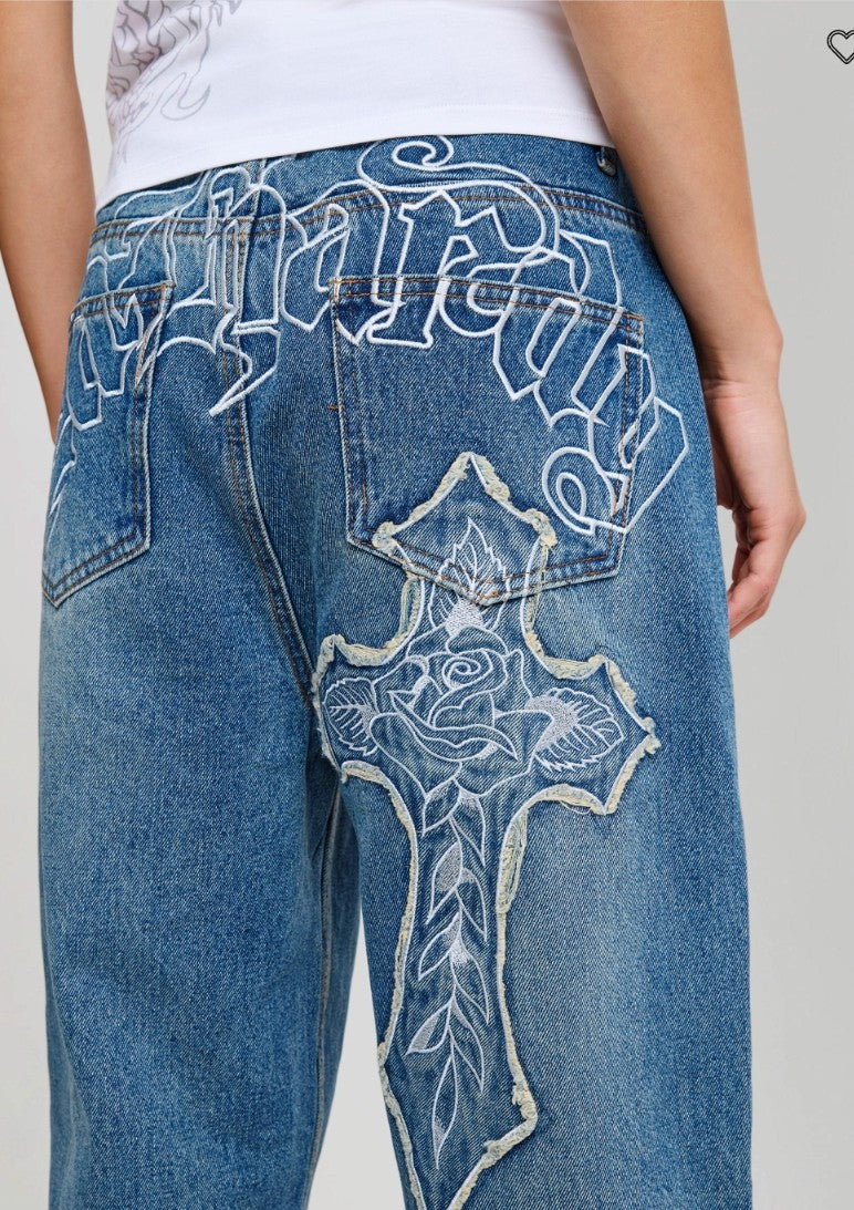 Ed Hardy Womens Gothic Cross Washed Relaxed Jeans