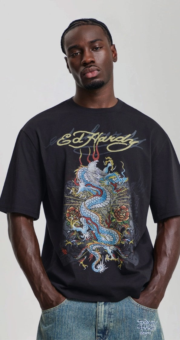 Ed Hardy Mens Dragon City Diamante Graphic Relaxed T-Shirt