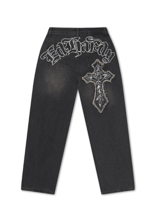 Ed Hardy Womens Gothic Cross Washed Relaxed Jeans