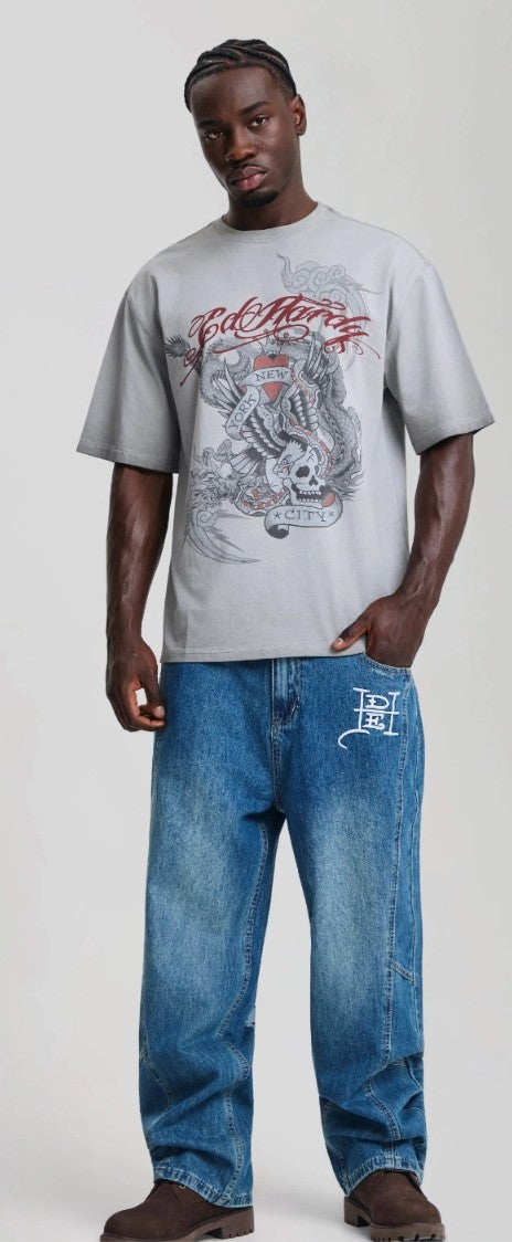 Ed Hardy Mens Oil Wash Storming New York Graphic Relaxed T-shirt