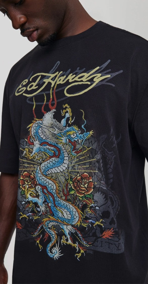 Ed Hardy Mens Dragon City Diamante Graphic Relaxed T-Shirt