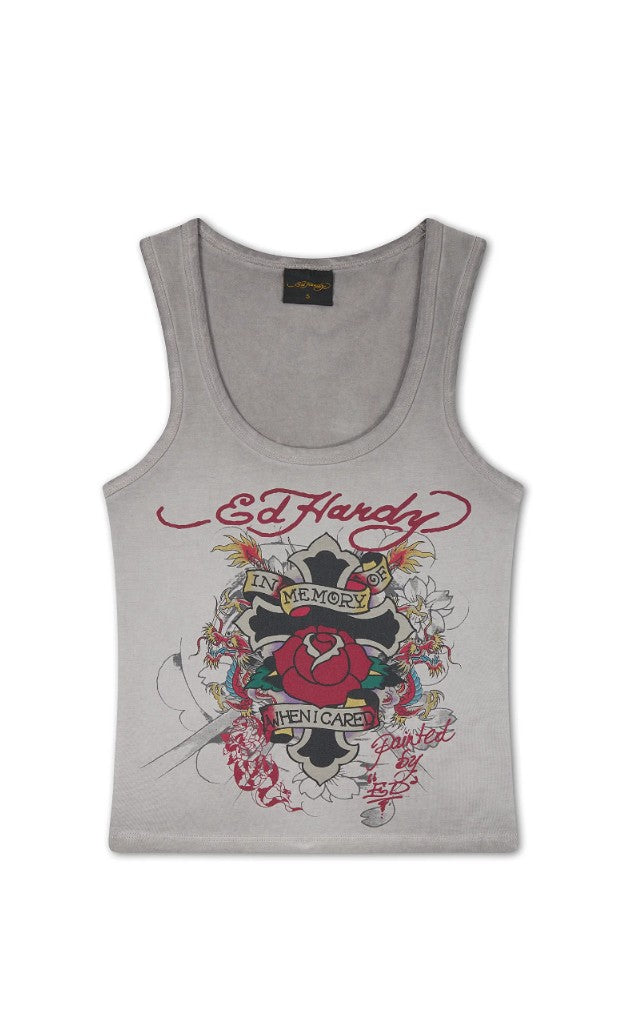 Ed Hardy Womens In Memory Of When I Cared Washed Fitted Vest Top