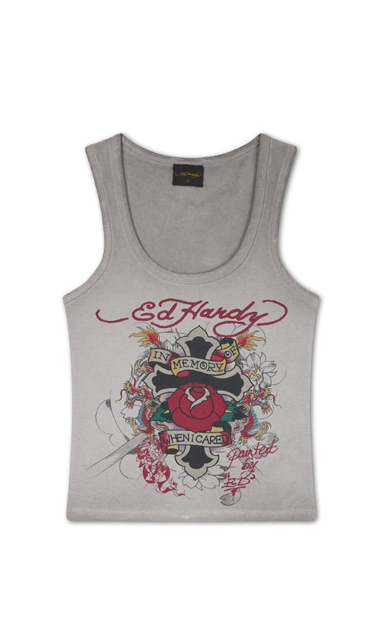 Ed Hardy Womens In Memory Of When I Cared Washed Fitted Vest Top