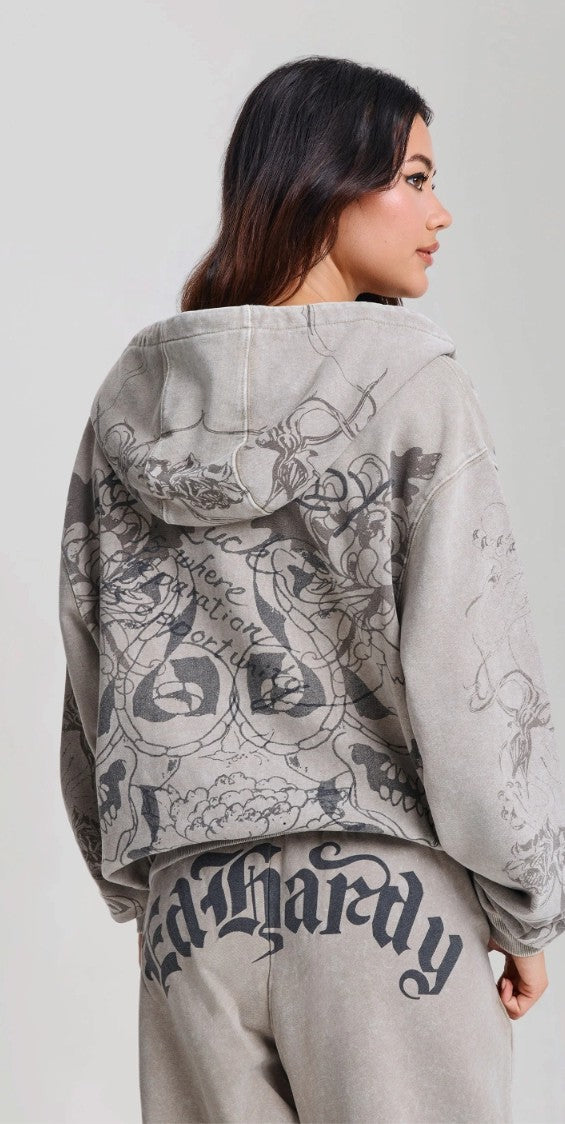Ed Hardy Womens Diamante Venom Stone Wash Relaxed Zip Thru Hoodie
