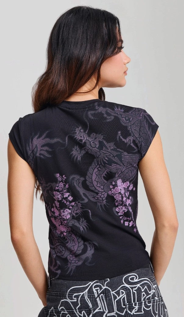 Ed Hardy Womens Tattoo City Cap Sleeve Fitted Top