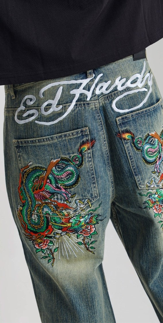 Ed Hardy Slithering Dragon Embroidered Extra Jeans