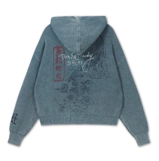 Ed Hardy Mens Washed Soaring Dragon Knitted Boxy Zip Thru Hoodie