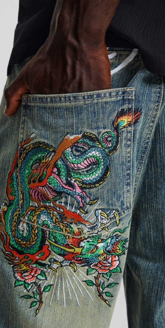 Ed Hardy Slithering Dragon Embroidered Extra Jeans