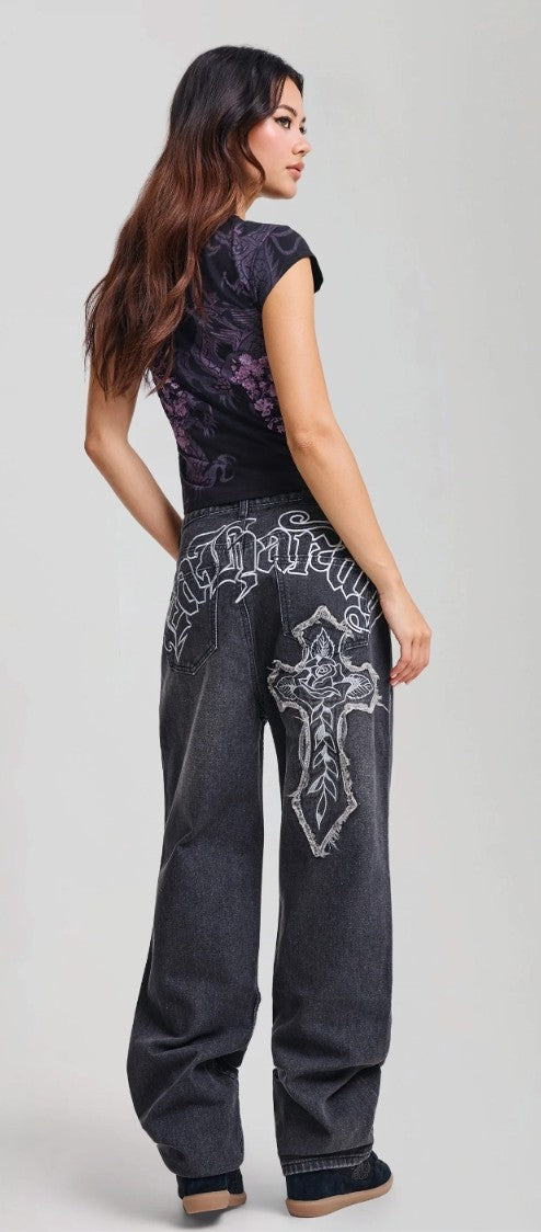 Ed Hardy Womens Gothic Cross Washed Relaxed Jeans