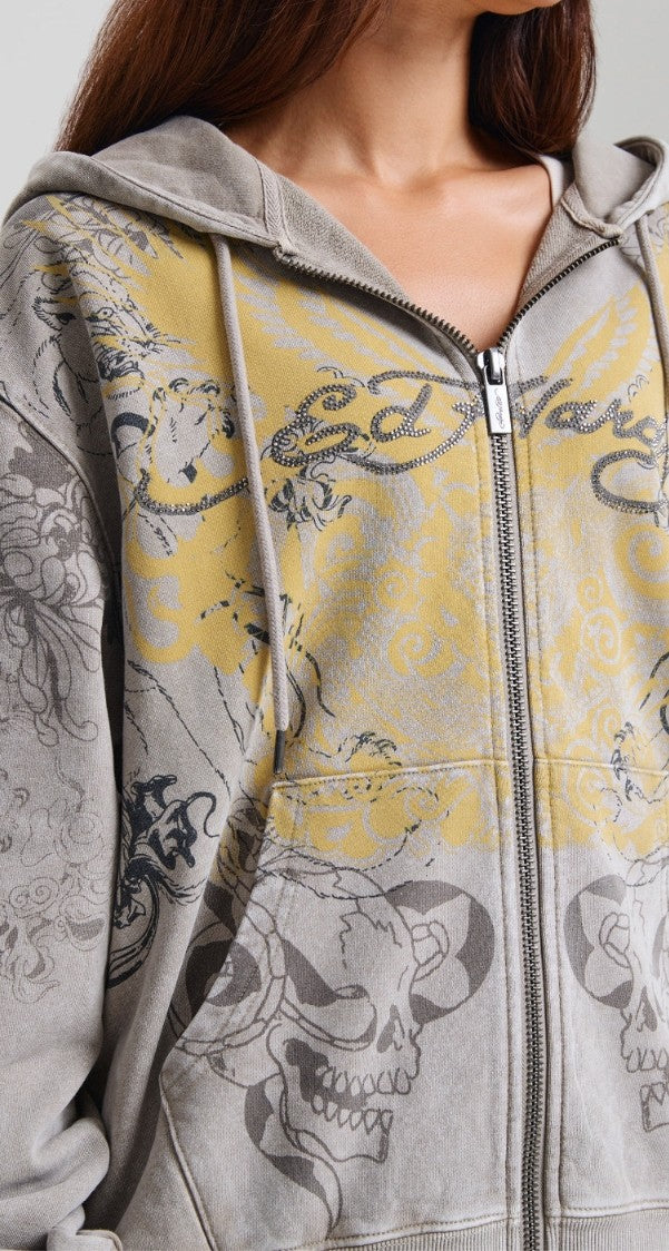 Ed Hardy Womens Diamante Venom Stone Wash Relaxed Zip Thru Hoodie