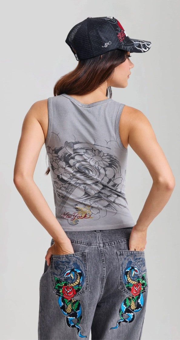 Ed Hardy Womens In Memory Of When I Cared Washed Fitted Vest Top