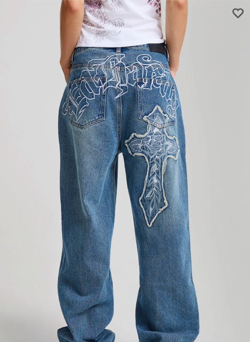 Ed Hardy Womens Gothic Cross Washed Relaxed Jeans