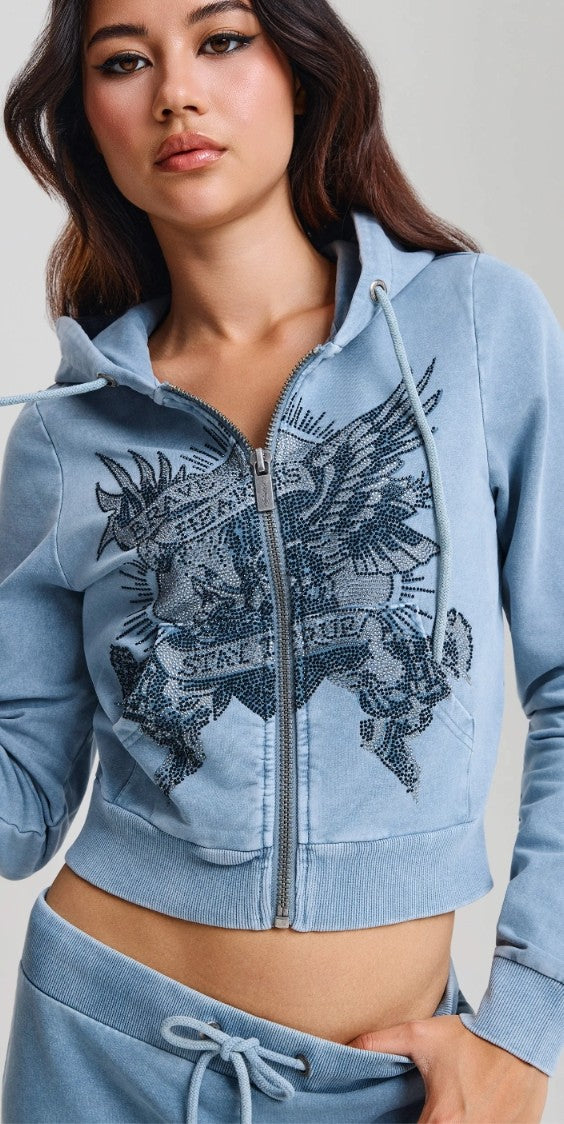 Ed Hardy Woman's Stay True Fitted Cropped Washed Zip Thru Hoodie