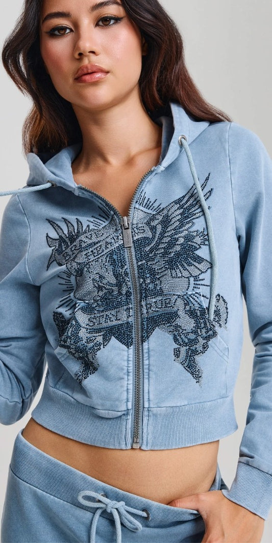 Ed Hardy Woman's Stay True Fitted Cropped Washed Zip Thru Hoodie
