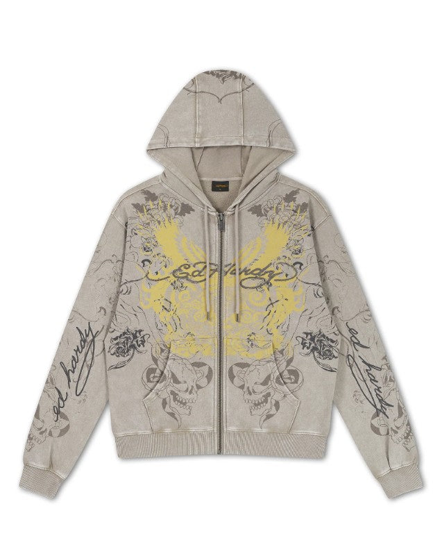 Ed Hardy Womens Diamante Venom Stone Wash Relaxed Zip Thru Hoodie
