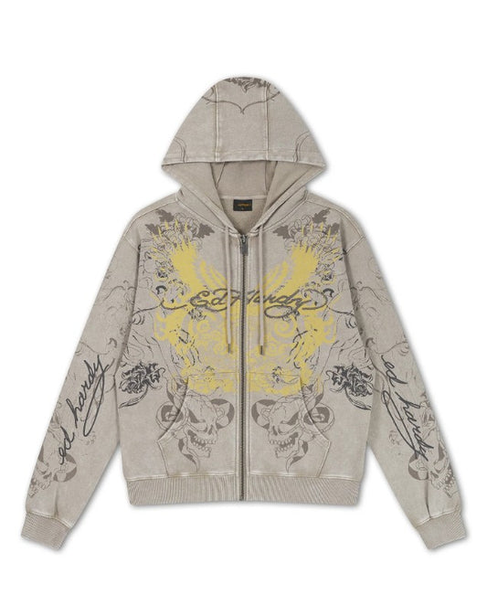 Ed Hardy Womens Diamante Venom Stone Wash Relaxed Zip Thru Hoodie